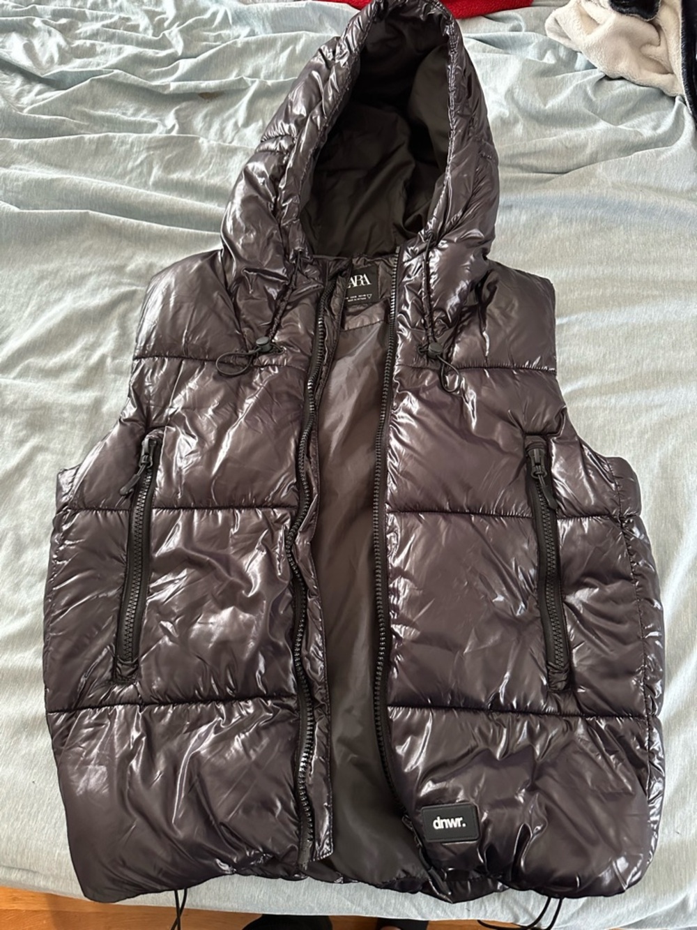 Zara Shiny Black Puffer Vest with Hood